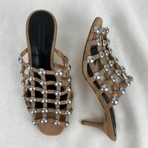 Alexander Wang Sofia Dome-Studded Suede Mule Sandal Kitten Heel EU 36, US 6 Tan